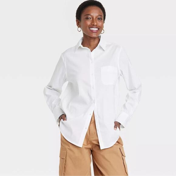 A New Day Womens Slim Fit Boyfriend Tailored Long Sleeve Button Down Shirt Large - Picture 1 of 6